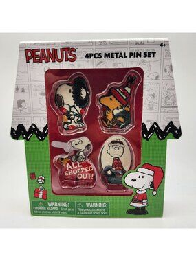 Peanuts 4 Piece Metal Pin Set Snoopy Woodstock Christmas Theme Holiday Gift